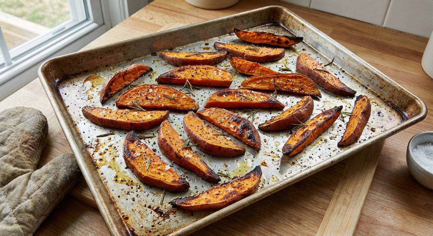 A real photo of roasted sweet potato wedges on a sheet pan with browned edges