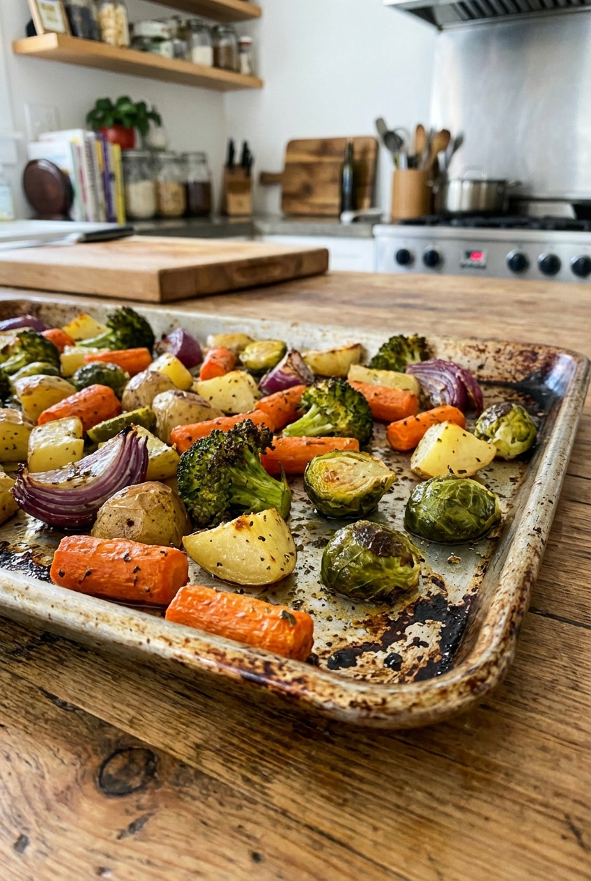 A real photo of roasted vegetables on a sheet pan with browned edges