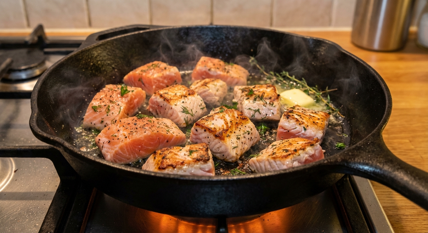 A real photo of salmon chunks searing in a hot skillet with visible browned edges