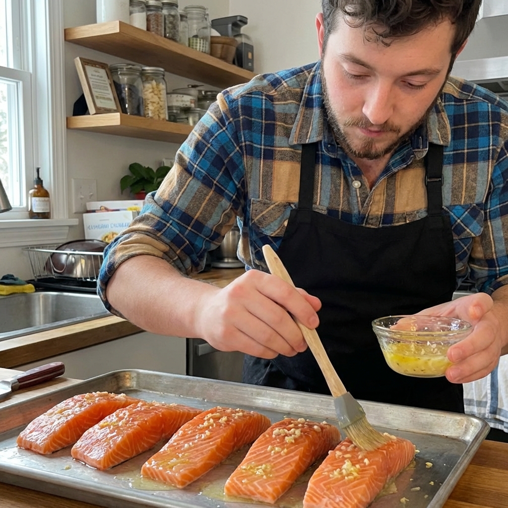 A real photo of salmon fillets on a sheet pan being brushed with lemon garlic butter glaze