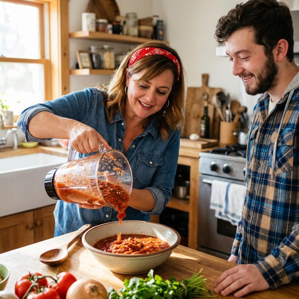 A real photo of salsa being poured from a blender into a bowl, with a spoon nearby and natural kitchen lighting