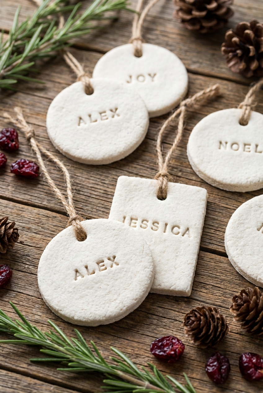 A real photo of salt dough gift tags stamped with letters and tied with twine