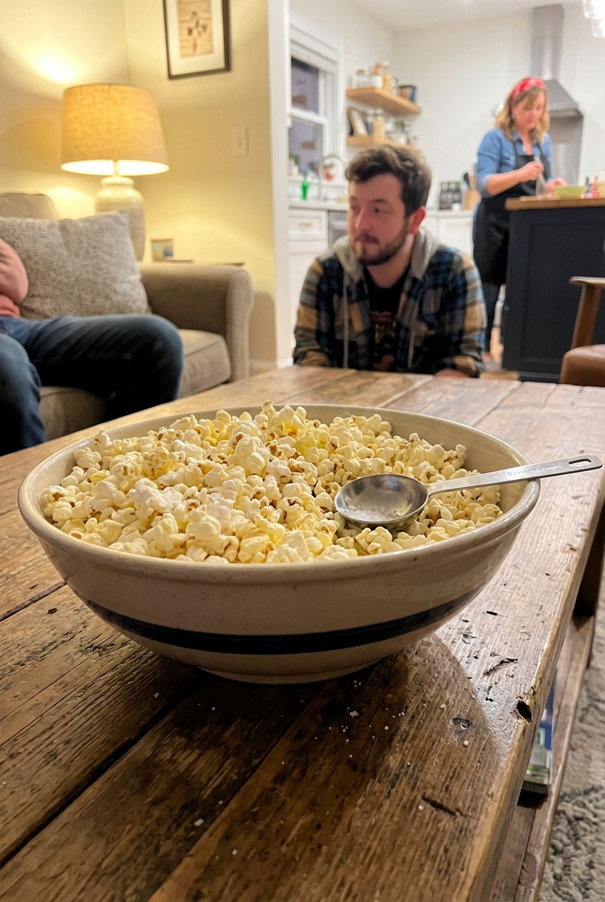 A real photo of salted popcorn in a large bowl with a spoon on a coffee table