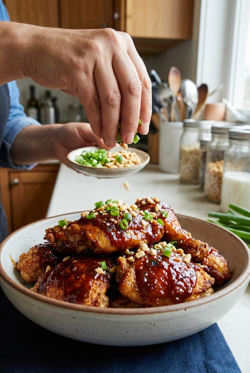 A real photo of sauced crispy baked chicken in a serving bowl being topped with sliced green onions and crushed peanuts