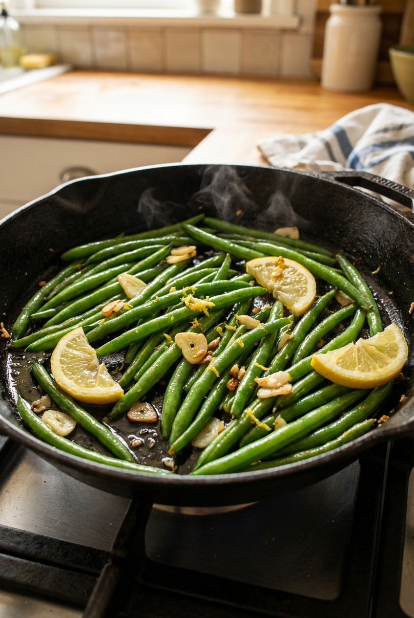 A real photo of sautéed green beans with garlic and lemon in a skillet