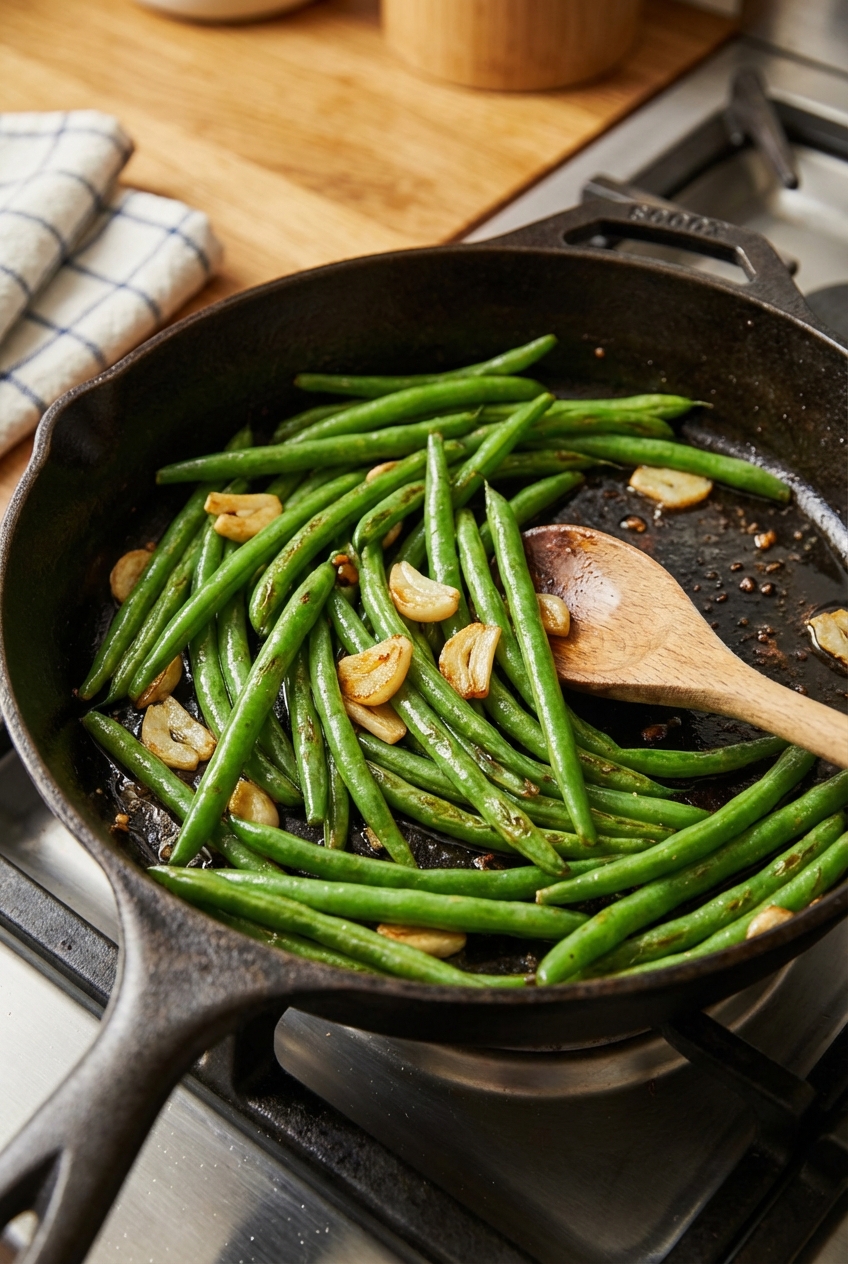 A real photo of sautéed green beans with garlic in a skillet
