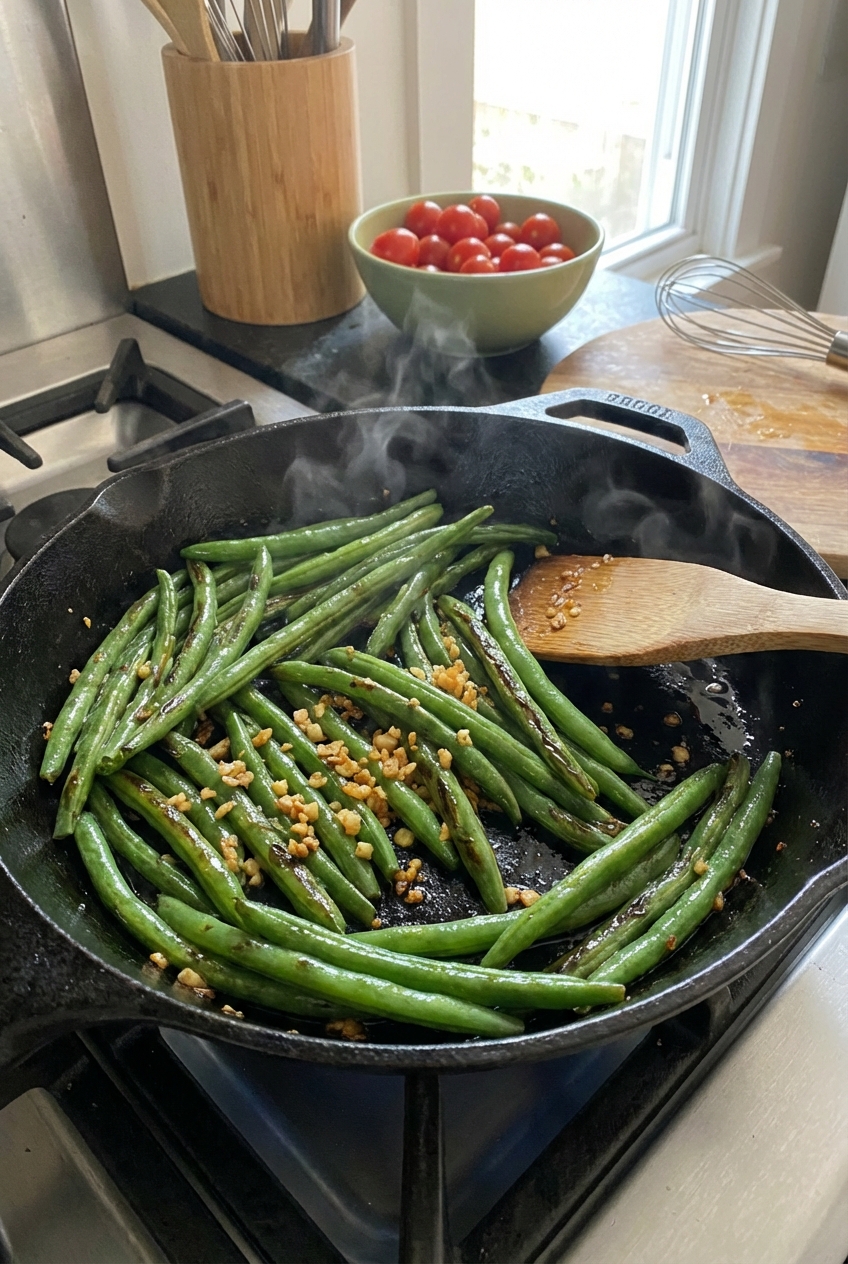 A real photo of sautéed green beans with garlic in a skillet