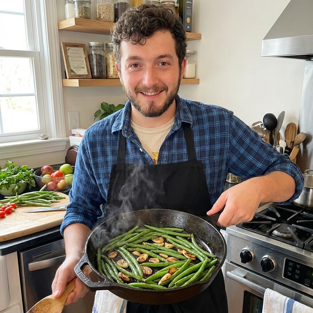 A real photo of sautéed green beans with garlic in a skillet
