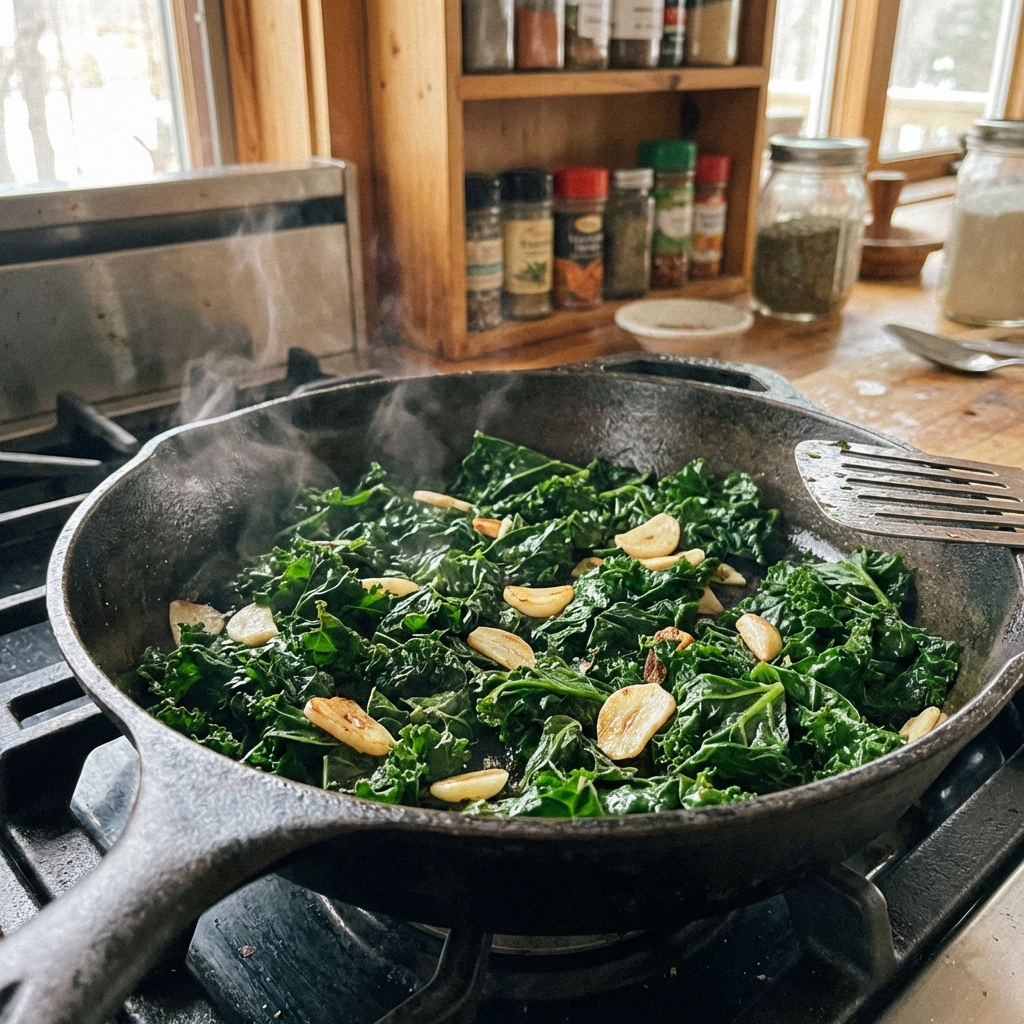 A real photo of sauteed kale in a skillet with garlic slices