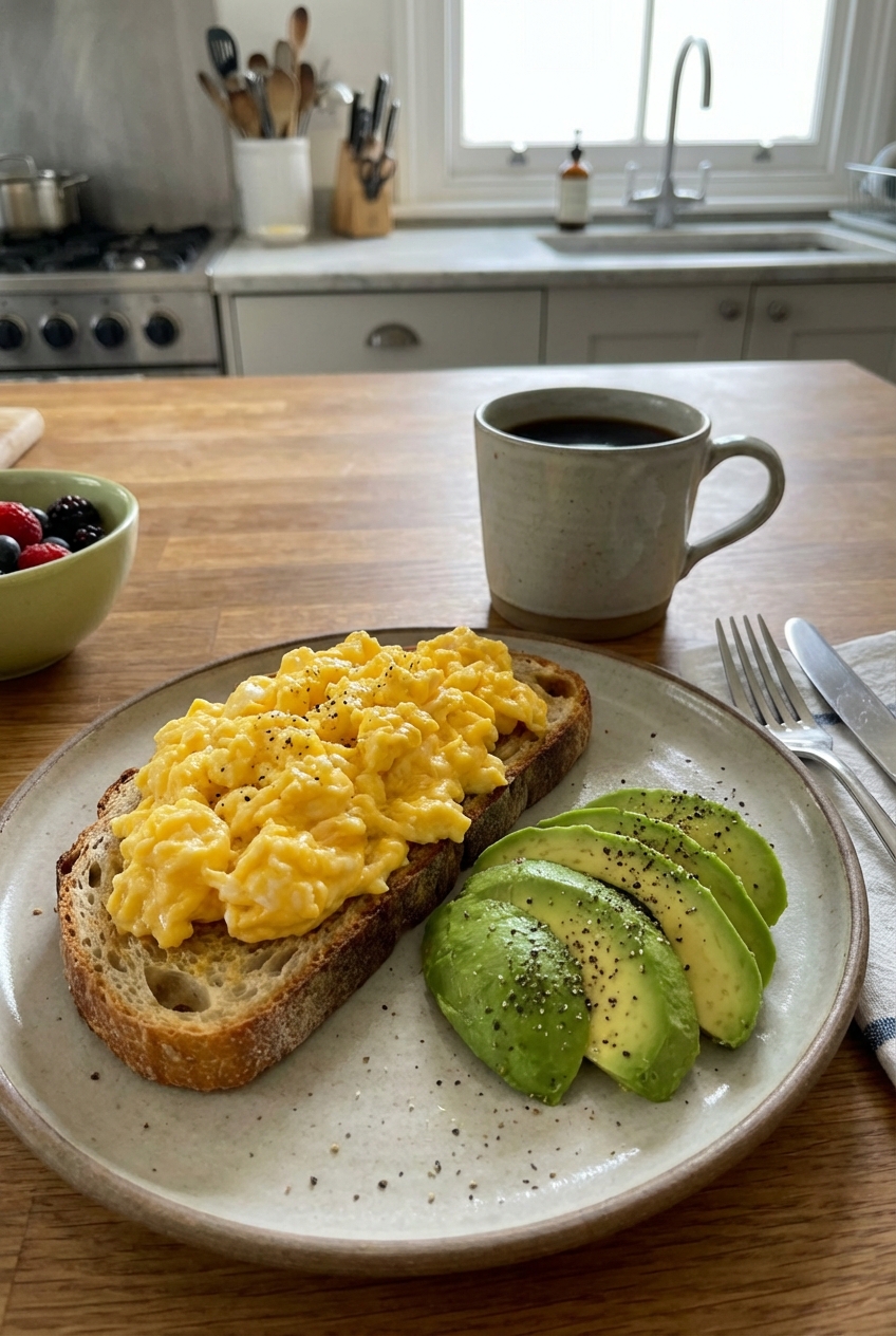 A real photo of scrambled eggs on toast with sliced avocado on a breakfast plate