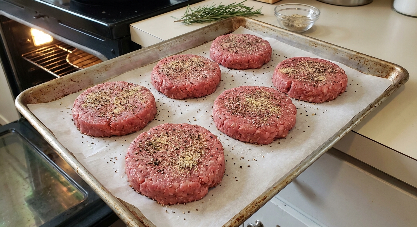 A real photo of seasoned raw burger patties spaced out on a parchment-lined baking sheet, ready to go into the oven