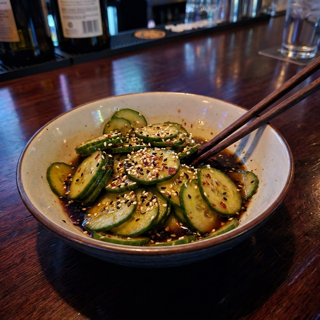 A real photo of sesame cucumber salad in a bowl with chopsticks