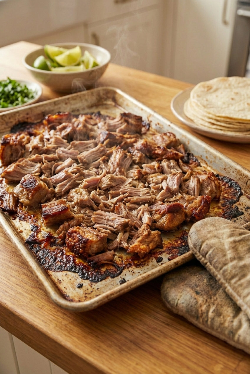 A real photo of shredded carnitas spread on a sheet pan with browned crispy edges just out of the oven