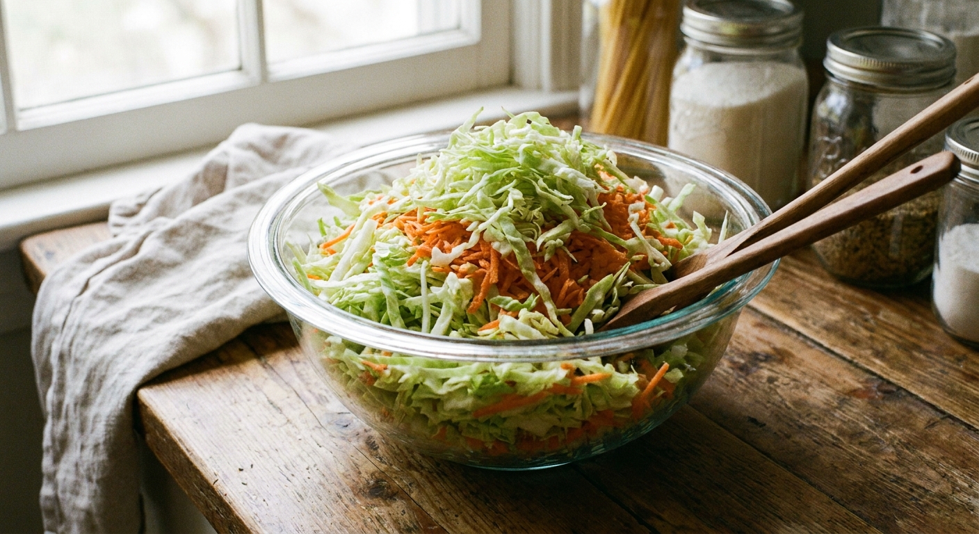 A real photo of shredded green cabbage and grated carrots in a large glass mixing bowl on a kitchen counter, ready to be tossed