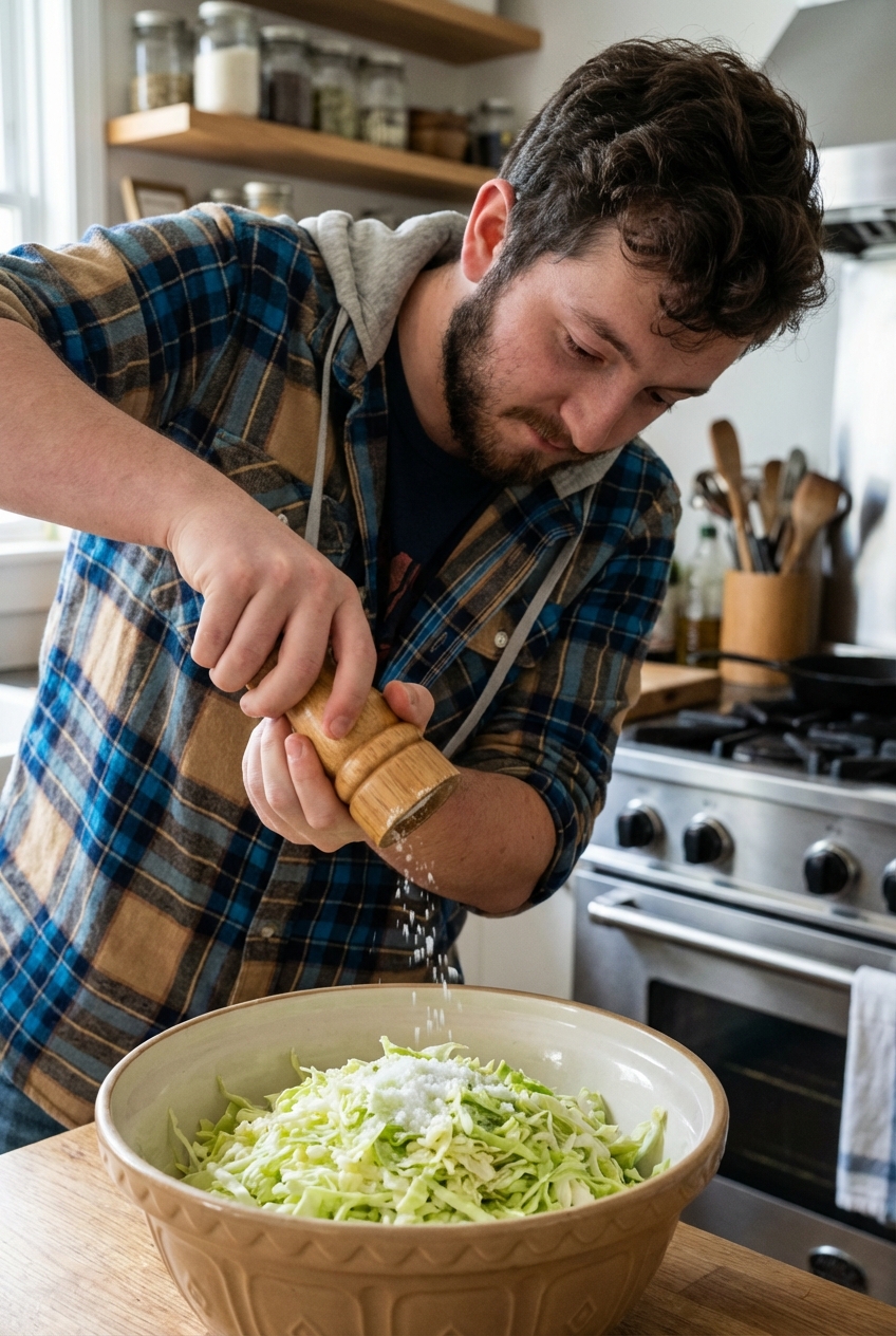 A real photo of shredded green cabbage in a large mixing bowl with salt being sprinkled over it