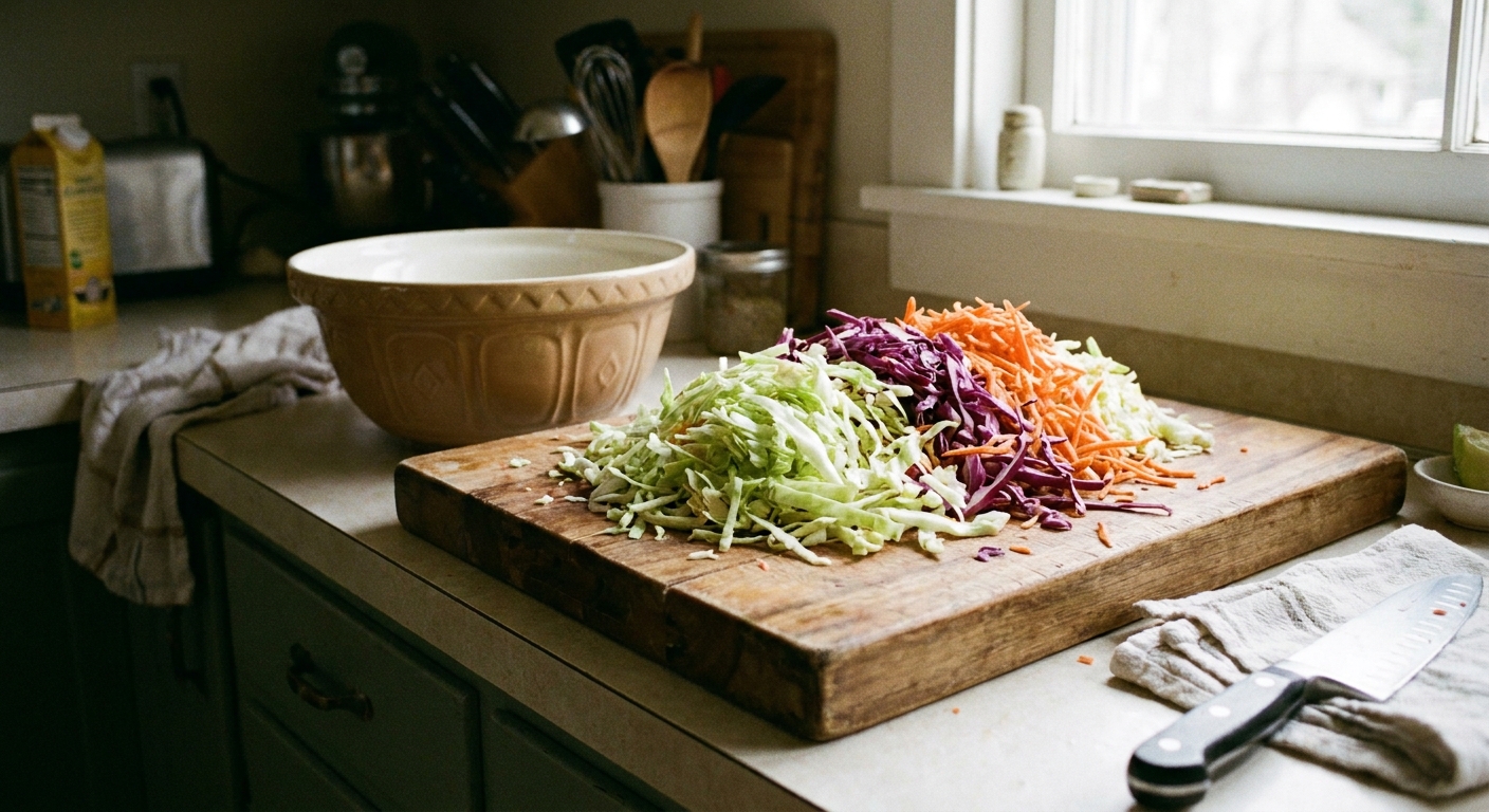 A real photo of shredded green cabbage, purple cabbage, and grated carrots piled on a cutting board next to a mixing bowl on a home kitchen counter