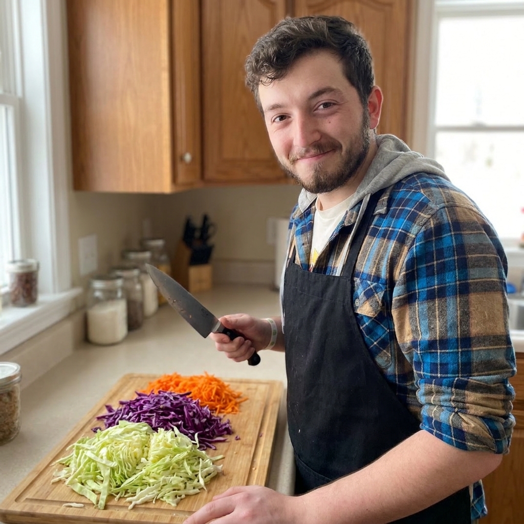 A real photo of shredded green cabbage, shredded purple cabbage, and grated carrots piled on a cutting board in a home kitchen with a chef's knife nearby