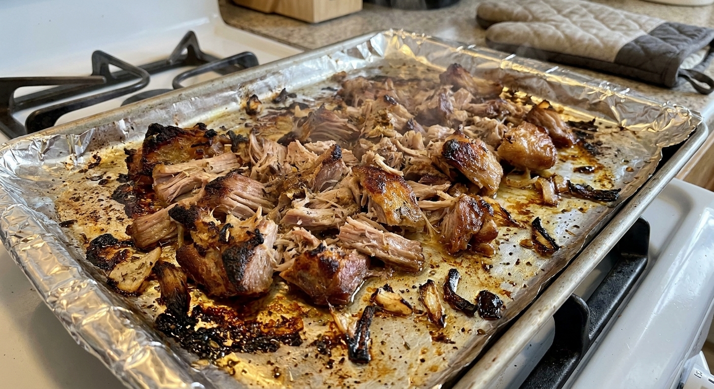 A real photo of shredded pork carnitas crisping on a foil-lined sheet pan with browned edges just after coming out from under the broiler