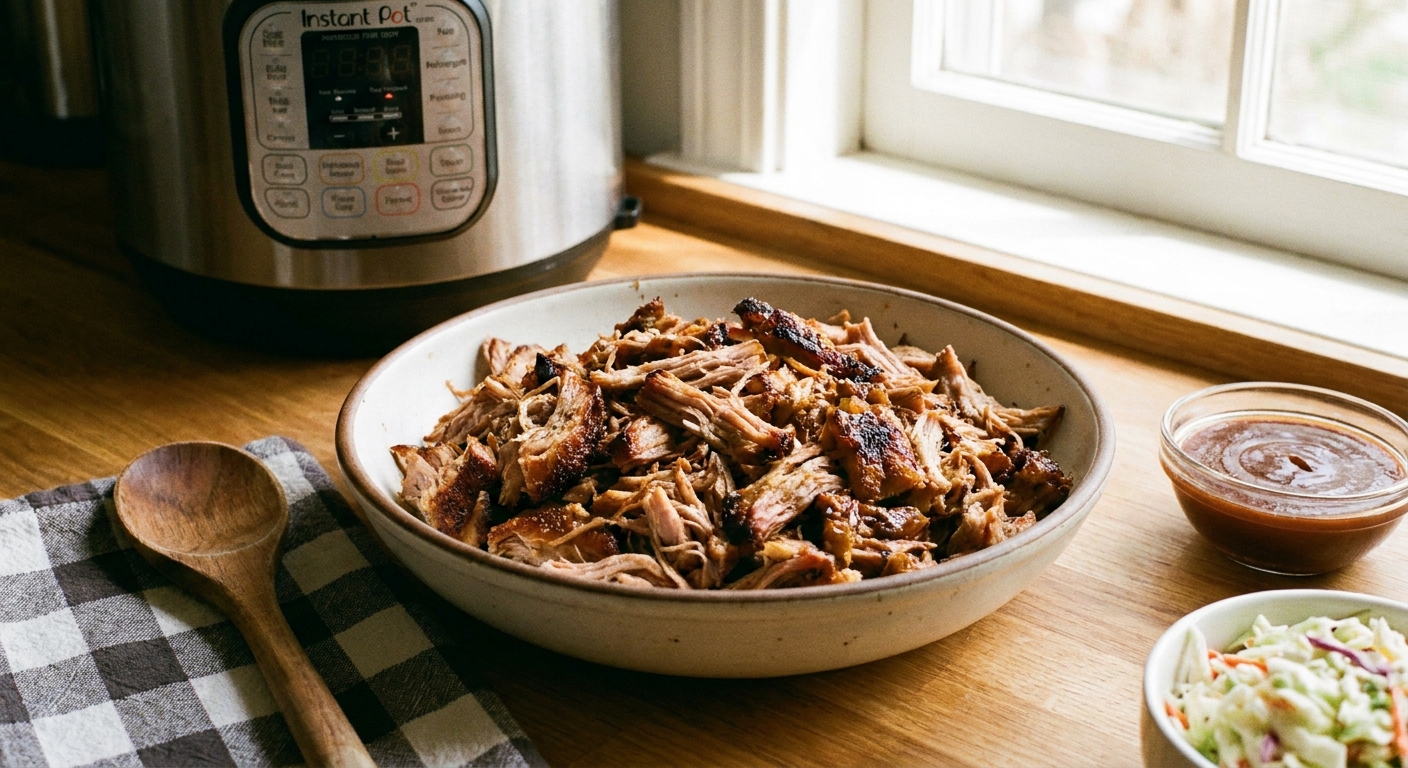 A real photo of shredded pulled pork piled in a serving bowl with crispy browned edges, an Instant Pot in the background on a home kitchen counter, warm natural light