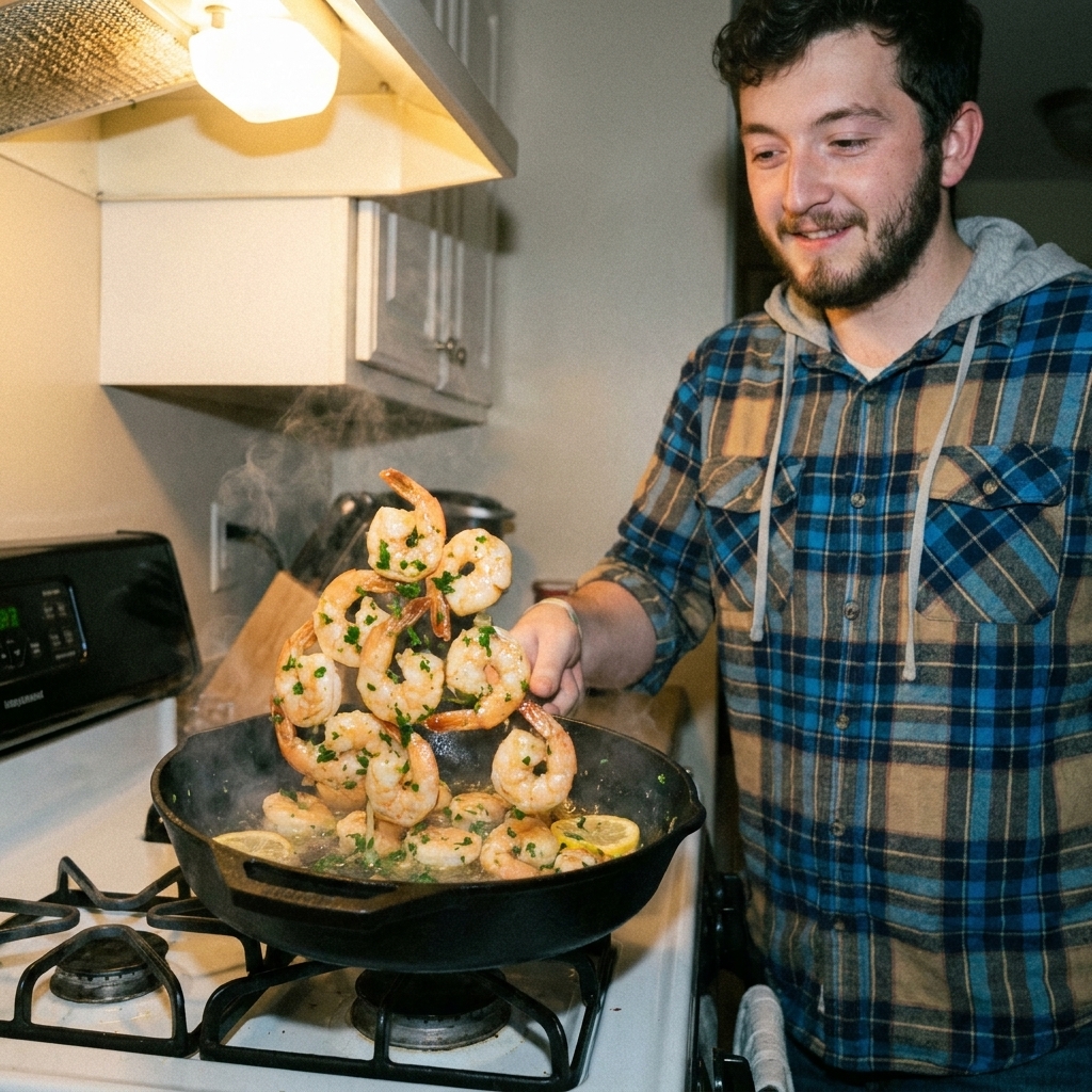 A real photo of shrimp being tossed in a skillet with glossy lemon butter garlic sauce, with chopped parsley visible