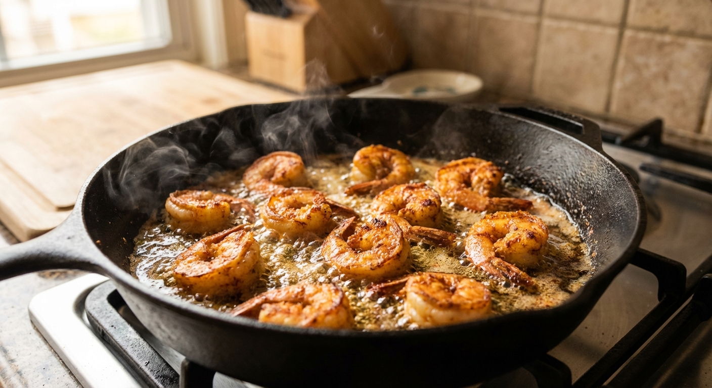 A real photo of shrimp frying in a skillet with bubbling oil, turning golden brown