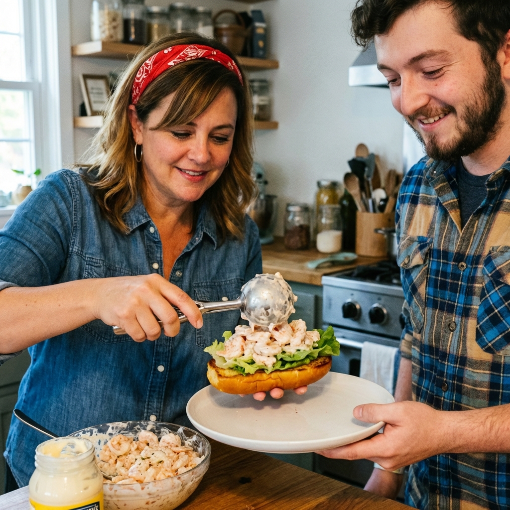 A real photo of shrimp salad being scooped onto a toasted bun with lettuce