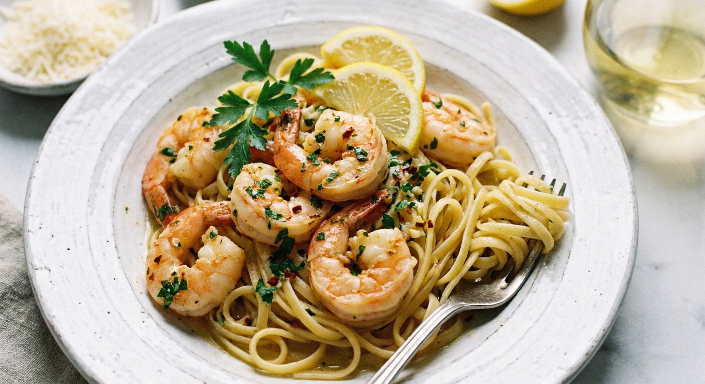 A real photo of shrimp scampi served over linguine on a white plate with lemon wedges and parsley scattered on top, close-up food photography