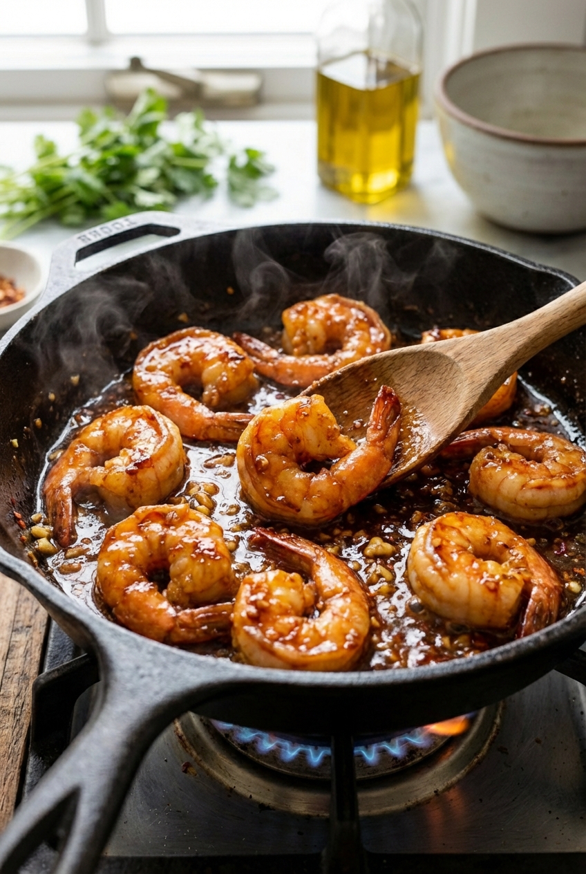 A real photo of shrimp sizzling in a skillet coated in a glossy sweet and spicy sauce