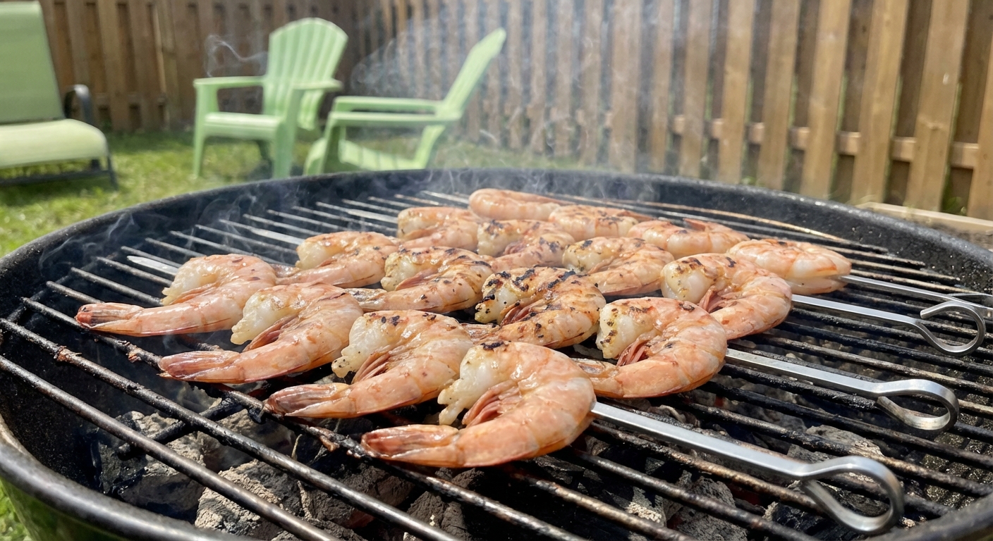 A real photo of shrimp threaded on metal skewers sizzling on a backyard grill with light smoke rising