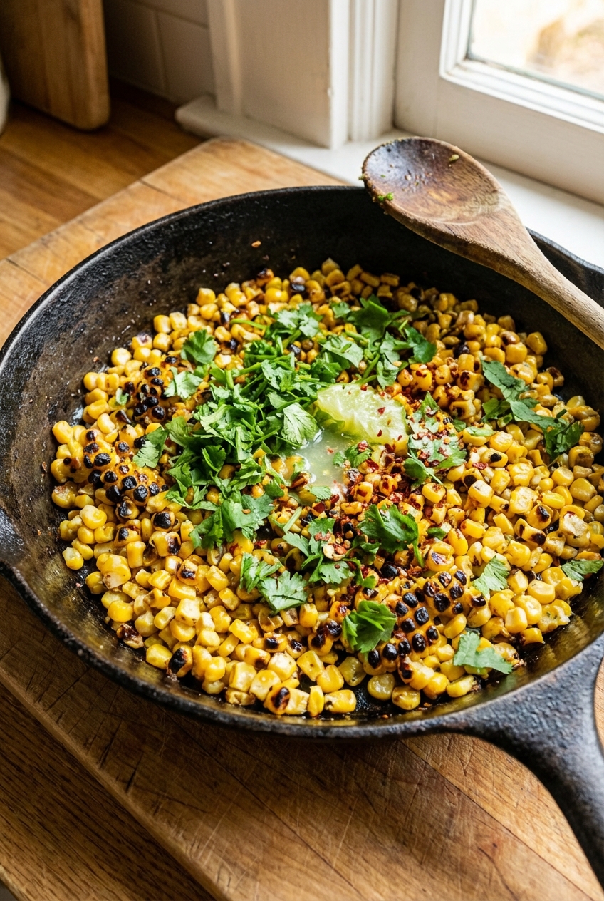 A real photo of skillet corn with charred kernels and chopped cilantro
