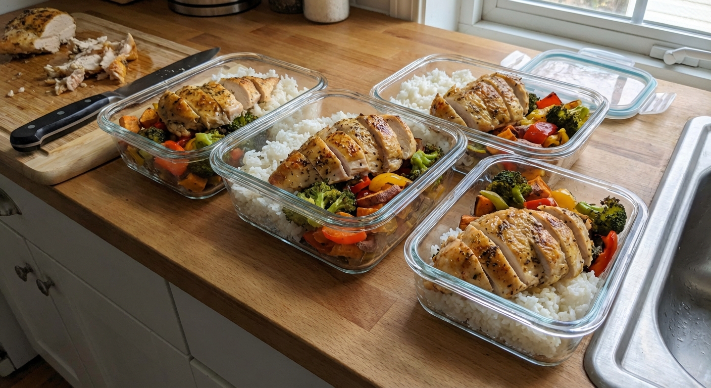 A real photo of sliced baked chicken breast in meal prep containers with rice and roasted vegetables