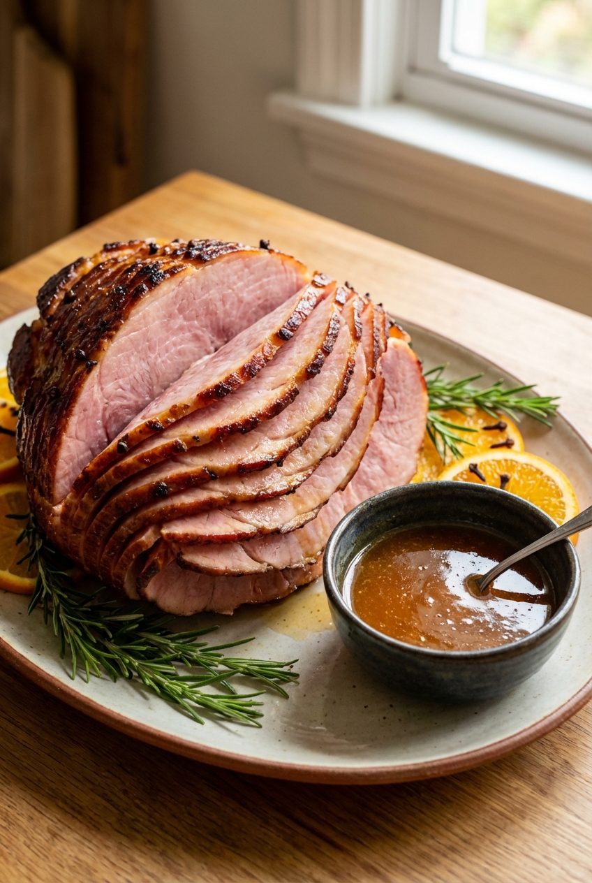 A real photo of sliced baked ham fanned out on a platter with a small bowl of glaze on the side