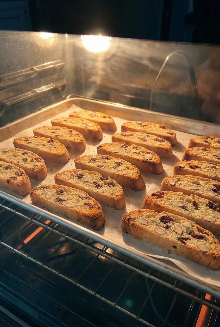 A real photo of sliced biscotti laid cut-side up on a parchment-lined baking sheet mid second bake, with toasted edges visible