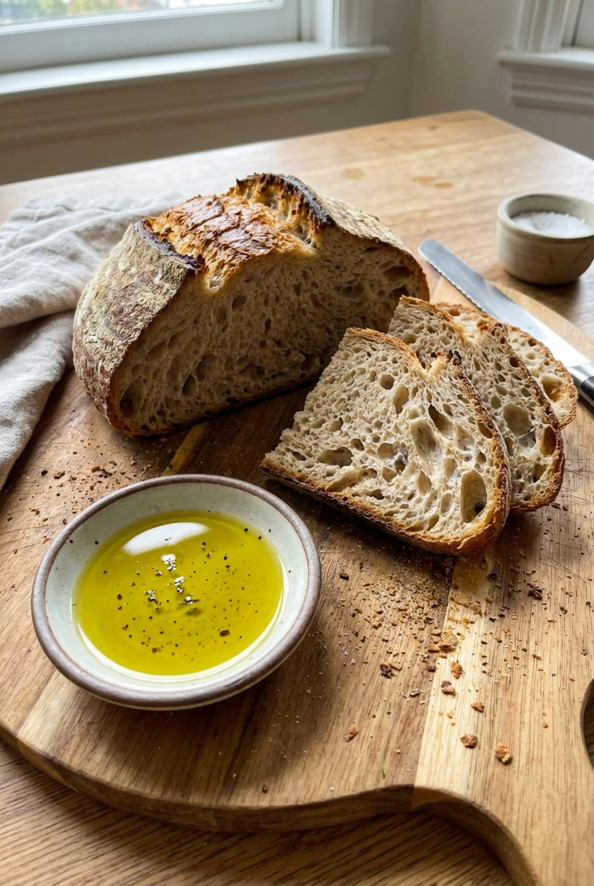 A real photo of sliced crusty bread on a cutting board with a small dish of olive oil