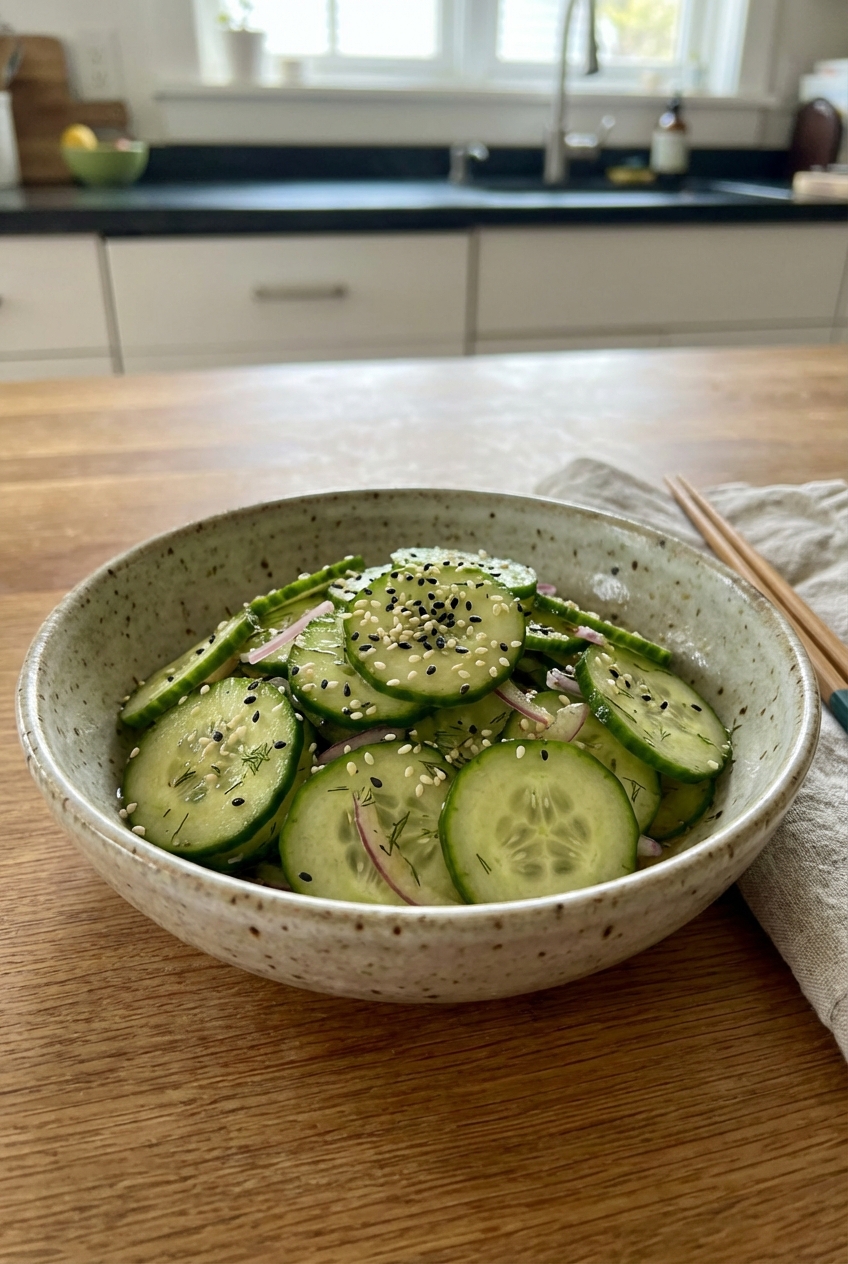 A real photo of sliced cucumber salad in a bowl with sesame seeds