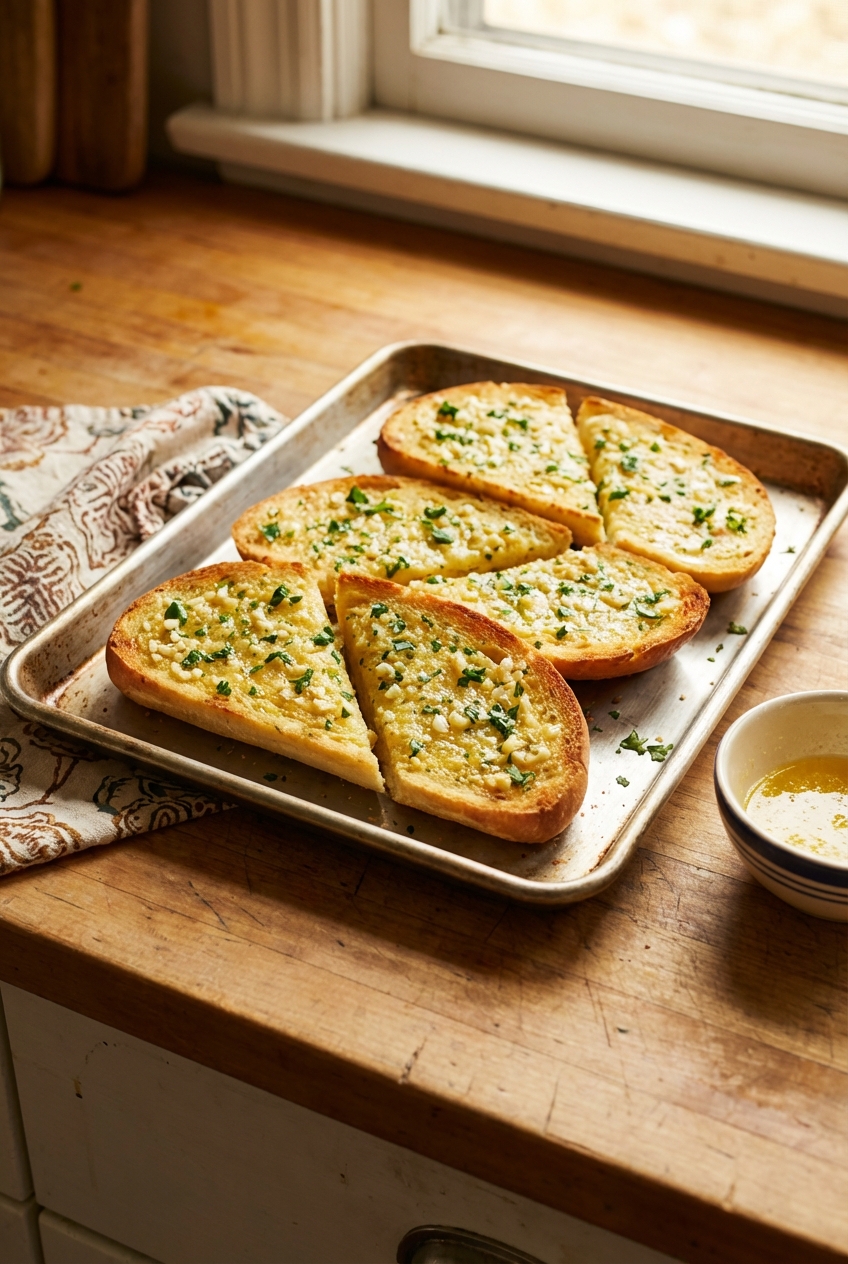 A real photo of sliced garlic bread on a baking tray with melted butter