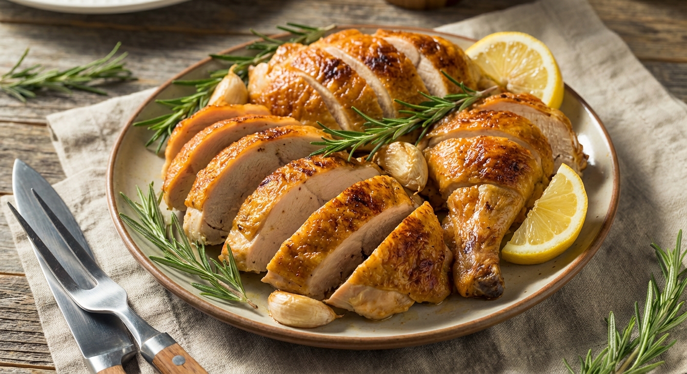 A real photo of sliced roast chicken with crispy skin on a platter