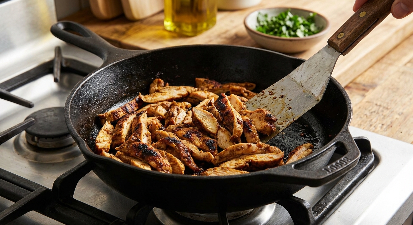 A real photo of sliced shawarma chicken with browned edges in a cast iron skillet with a spatula