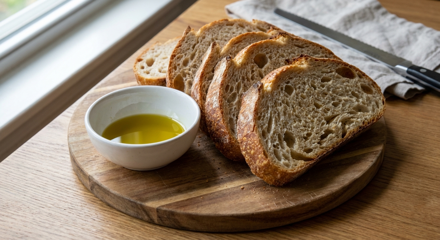 A real photo of sliced sourdough bread and a small dish of olive oil on a wooden board
