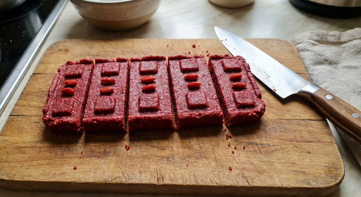 A real photo of sliced vegan redstone repeater bars arranged on a wooden cutting board with a kitchen knife nearby