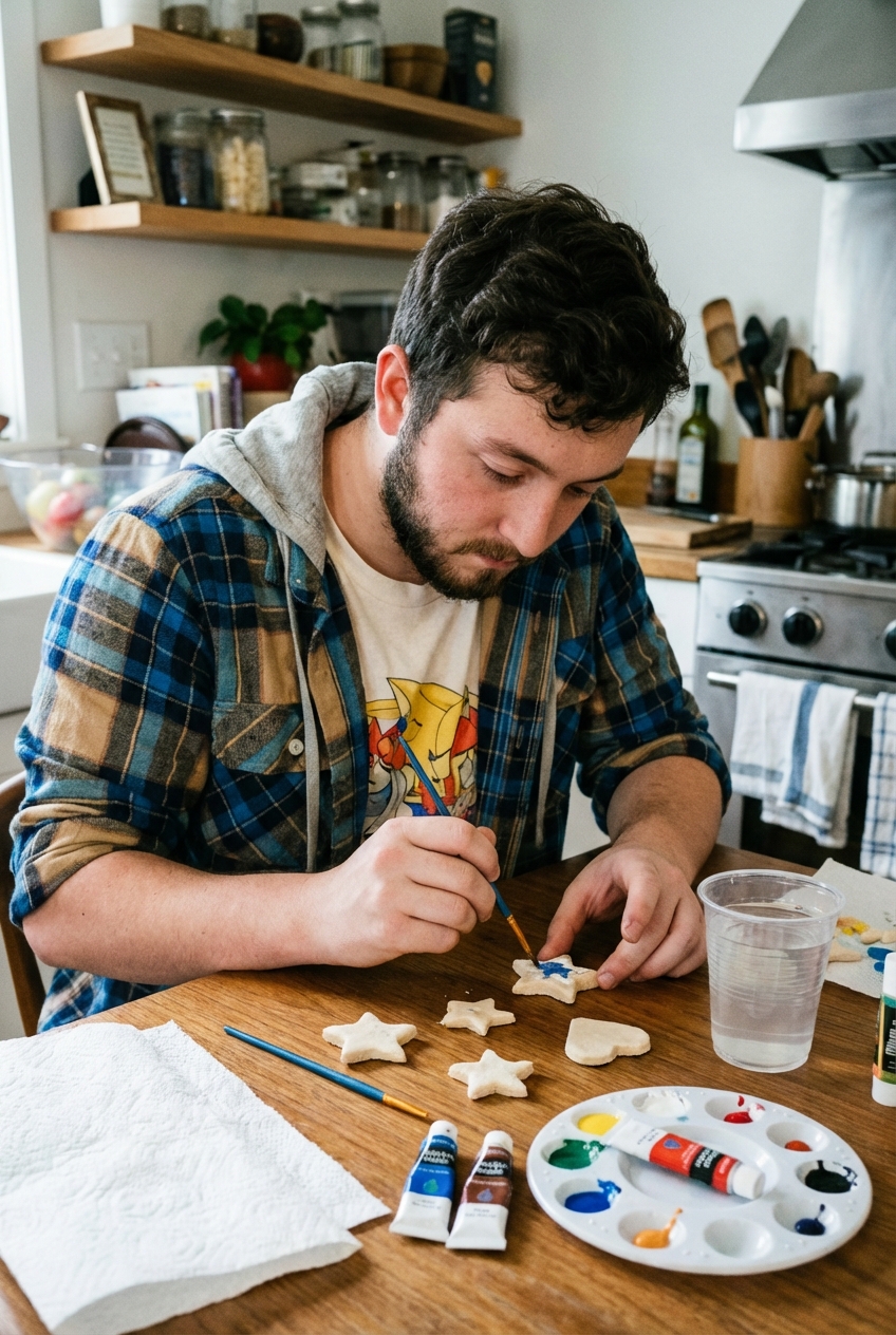 A real photo of small salt dough shapes being painted with acrylic paint and a thin brush