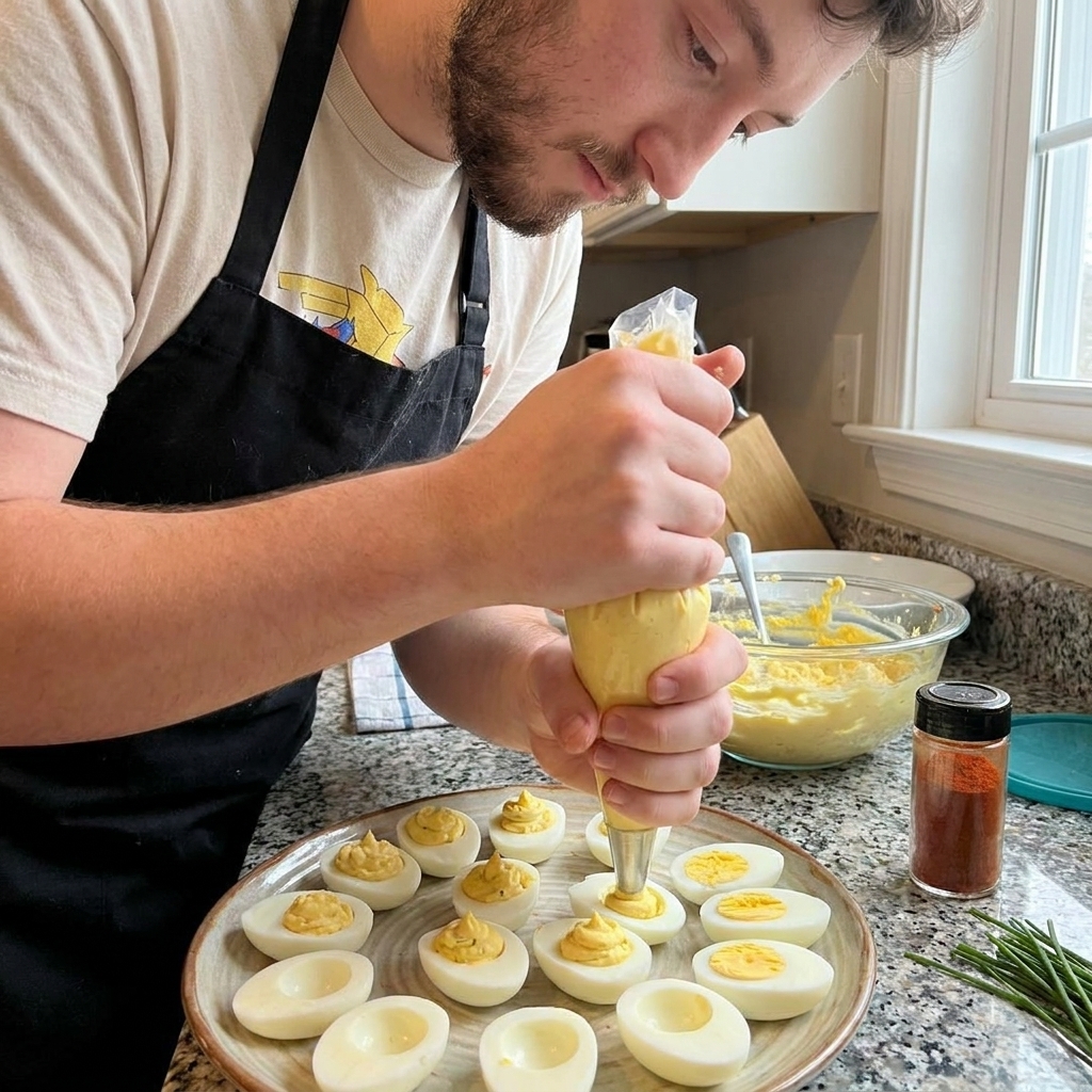 A real photo of someone piping creamy deviled egg filling into egg white halves using a piping bag, close up on hands and eggs