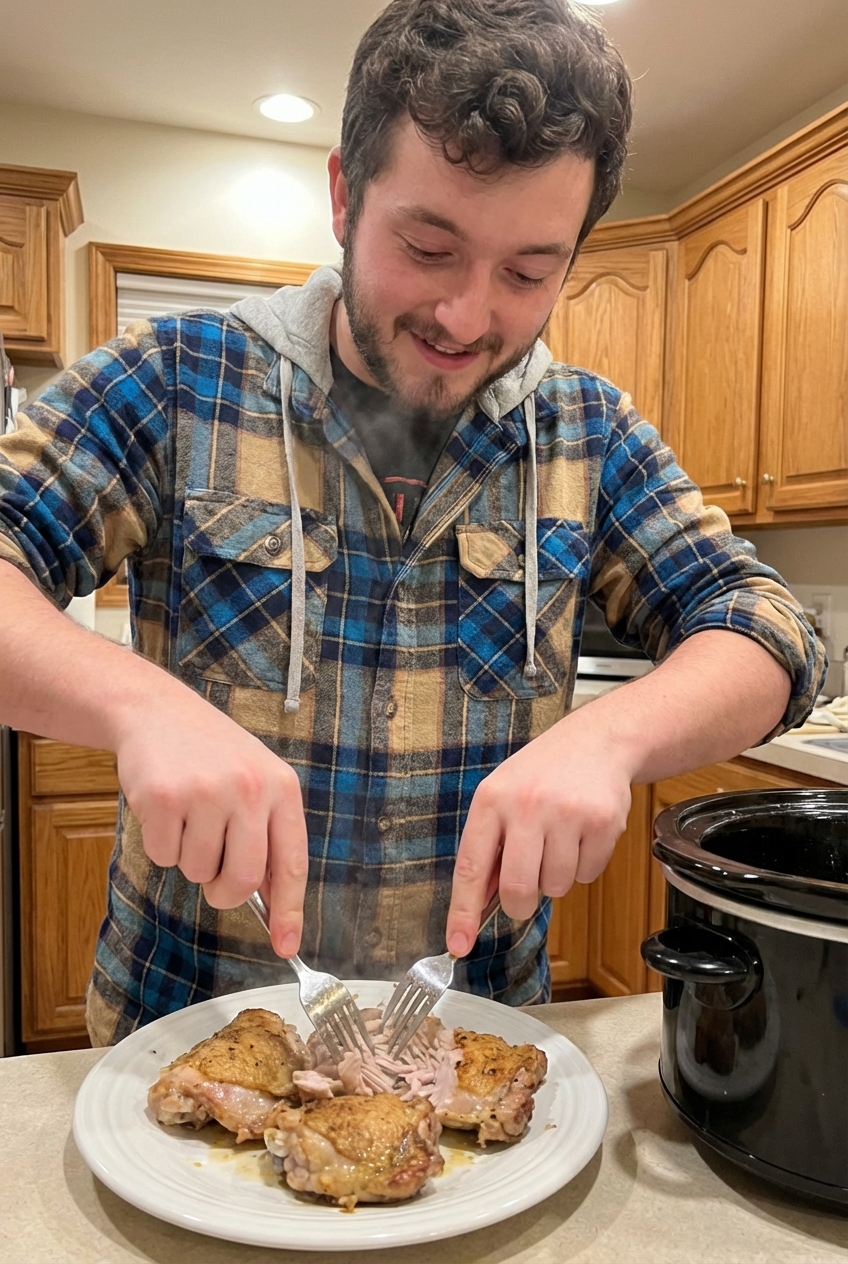 A real photo of someone shredding cooked chicken thighs with two forks over a plate next to a slow cooker