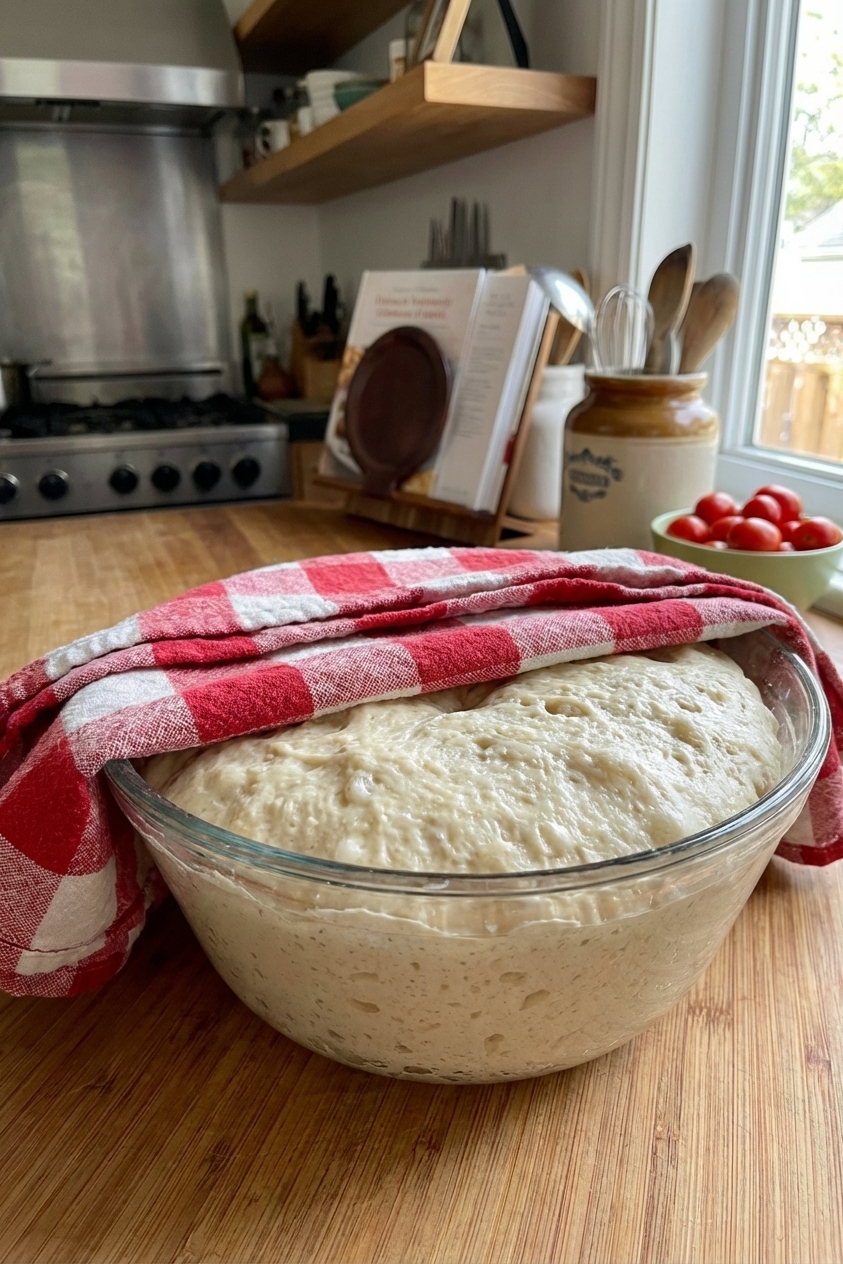 A real photo of sourdough discard donut dough rising in a glass bowl with a towel over the top on a home kitchen counter