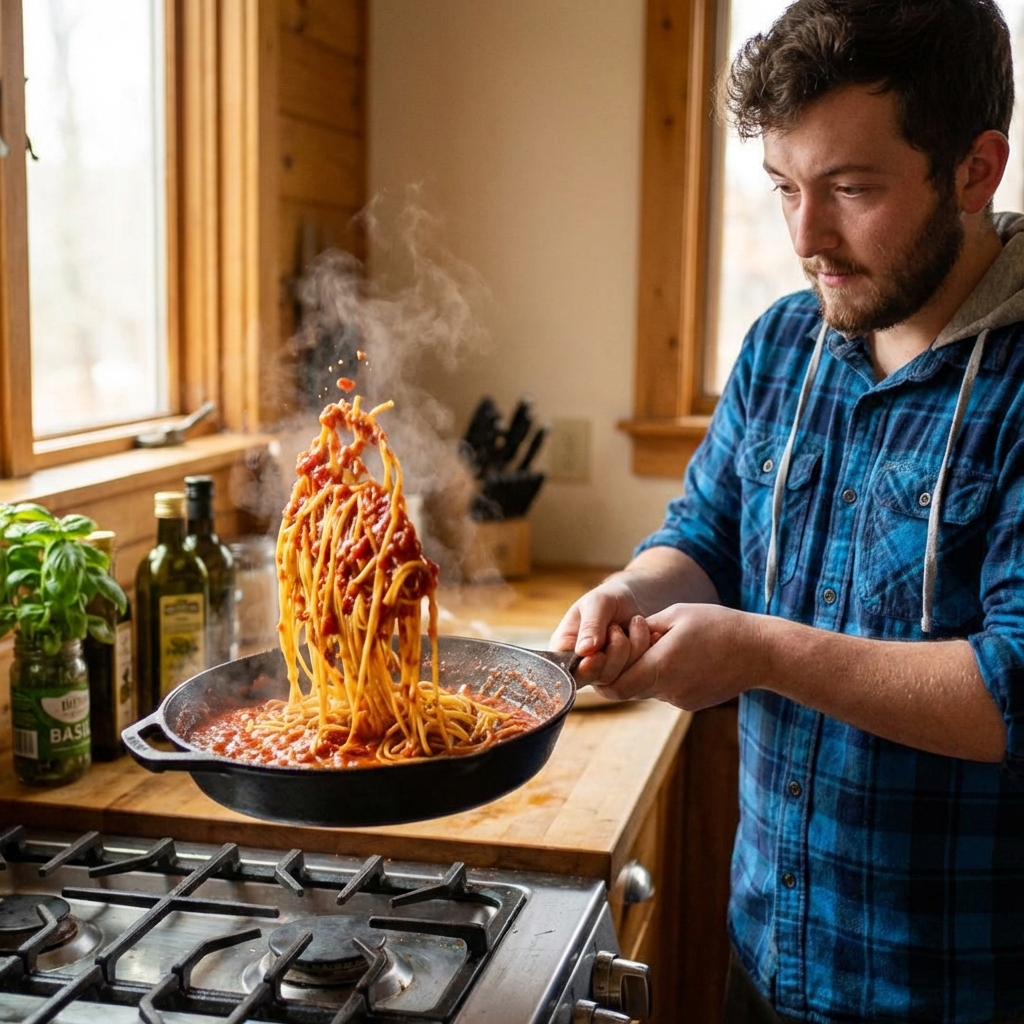 A real photo of spaghetti being tossed in tomato sauce in a skillet