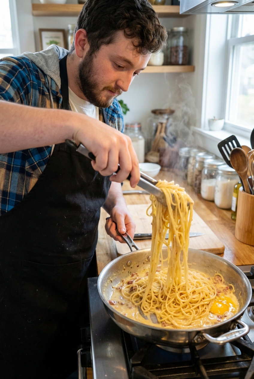 A real photo of spaghetti carbonara being tossed in a skillet with tongs, showing a glossy sauce forming
