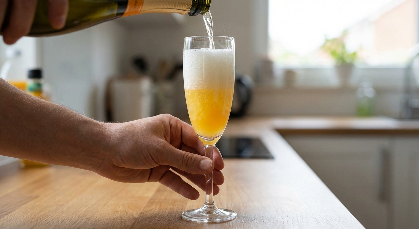 A real photo of sparkling wine being poured into a champagne flute with orange juice already inside, creating a bright, bubbly gradient