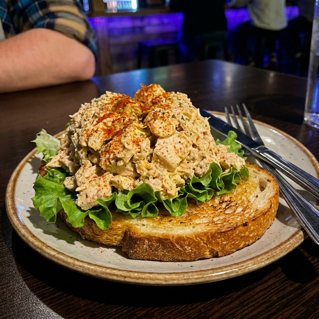 A real photo of spiced chicken salad piled onto toasted bread with lettuce on a plate