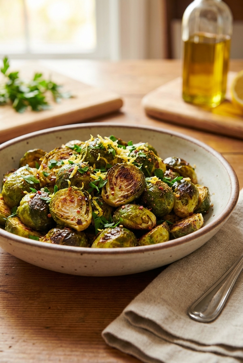 A real photo of spiced roasted Brussels sprouts in a serving bowl with parsley and lemon zest