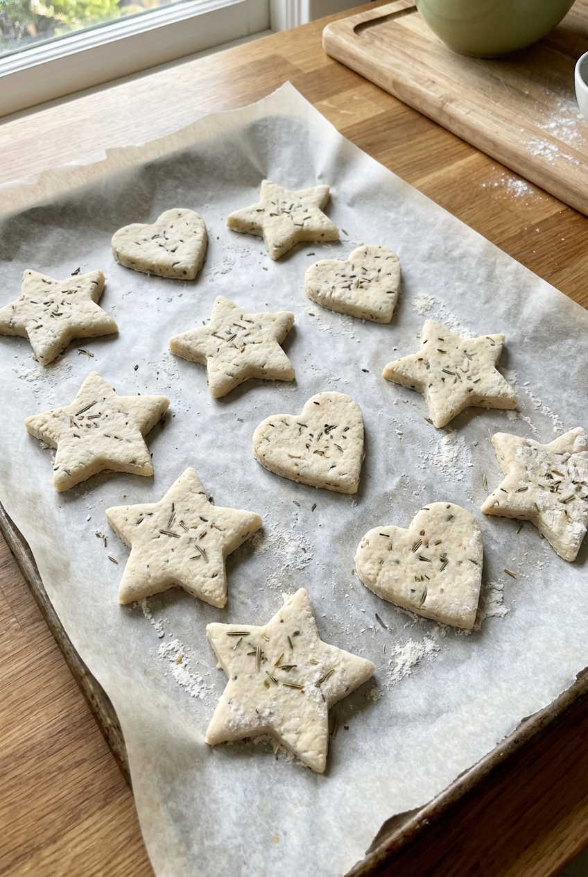 A real photo of star and heart shapes cut from herb-flecked salt dough on parchment paper ready to bake